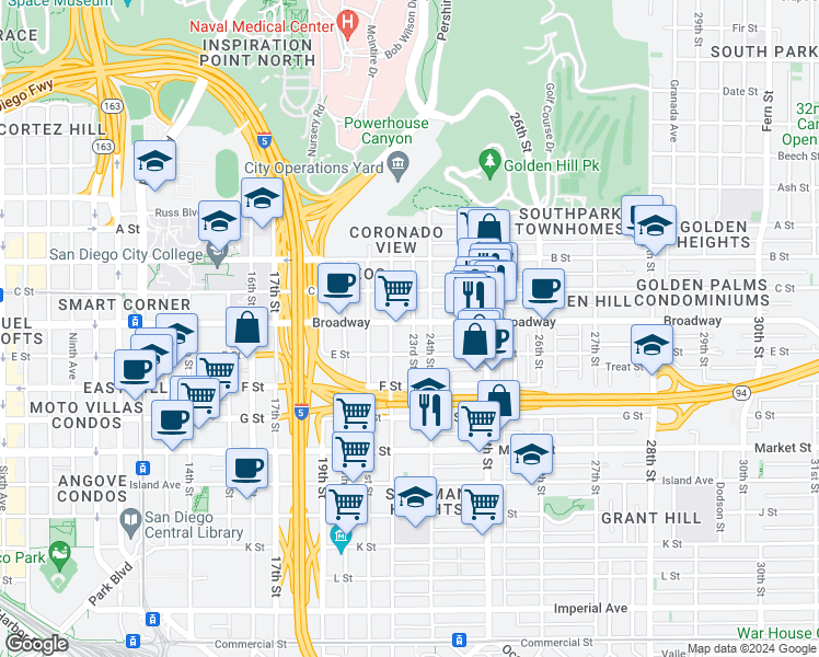 map of restaurants, bars, coffee shops, grocery stores, and more near 2202 E Street in San Diego