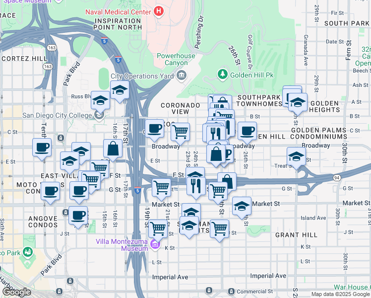 map of restaurants, bars, coffee shops, grocery stores, and more near 920 22nd Street in San Diego