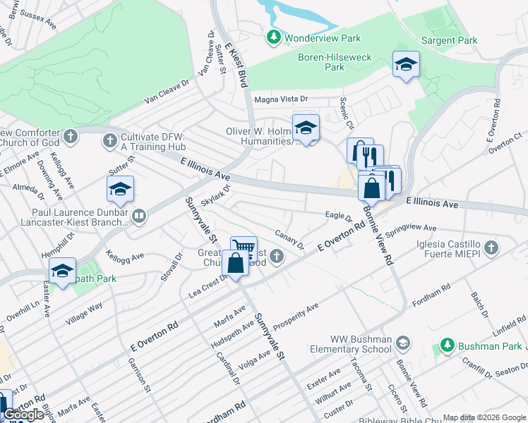 map of restaurants, bars, coffee shops, grocery stores, and more near 2745 Canary Drive in Dallas