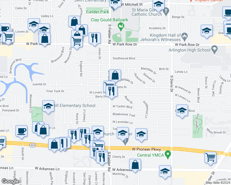 map of restaurants, bars, coffee shops, grocery stores, and more near 1510 West Lovers Lane in Arlington