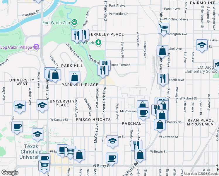 map of restaurants, bars, coffee shops, grocery stores, and more near 2520 Wayside Avenue in Fort Worth