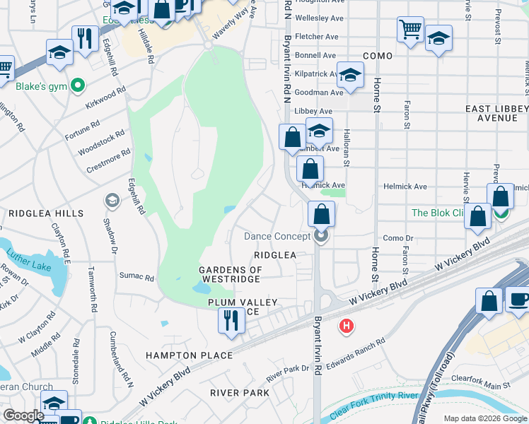 map of restaurants, bars, coffee shops, grocery stores, and more near 6101 Sharon Road in Fort Worth