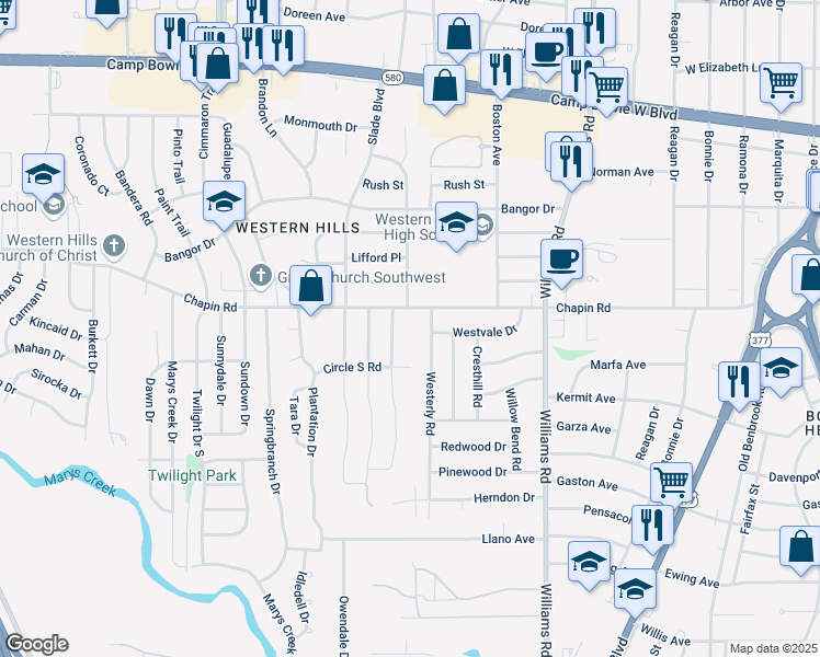 map of restaurants, bars, coffee shops, grocery stores, and more near 3820 Westerly Road in Benbrook