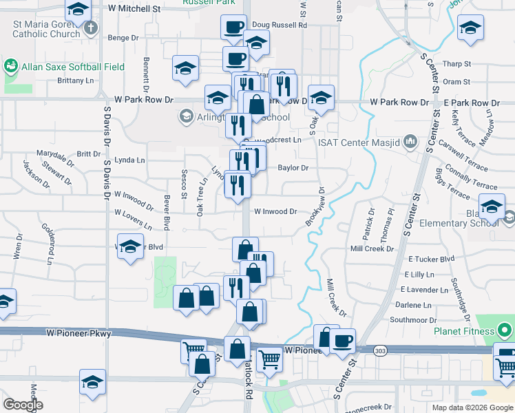 map of restaurants, bars, coffee shops, grocery stores, and more near 612 West Inwood Drive in Arlington