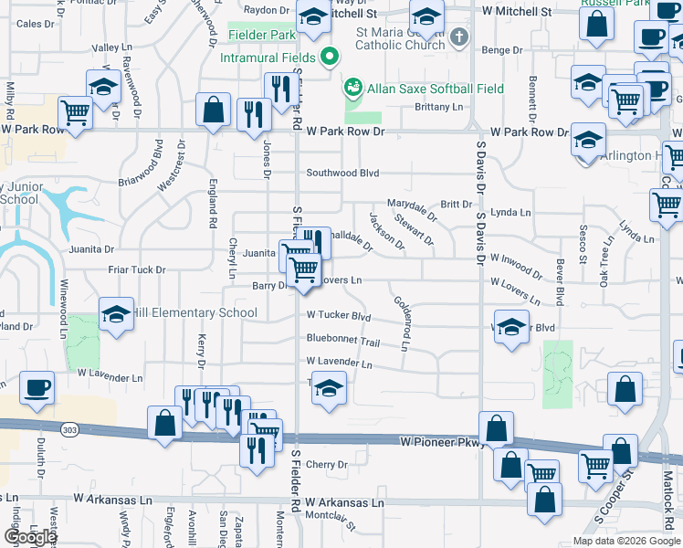 map of restaurants, bars, coffee shops, grocery stores, and more near 2005 Wren Drive in Arlington