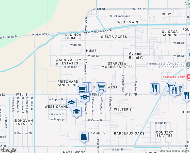 map of restaurants, bars, coffee shops, grocery stores, and more near 645 South El Prado Road in Yuma