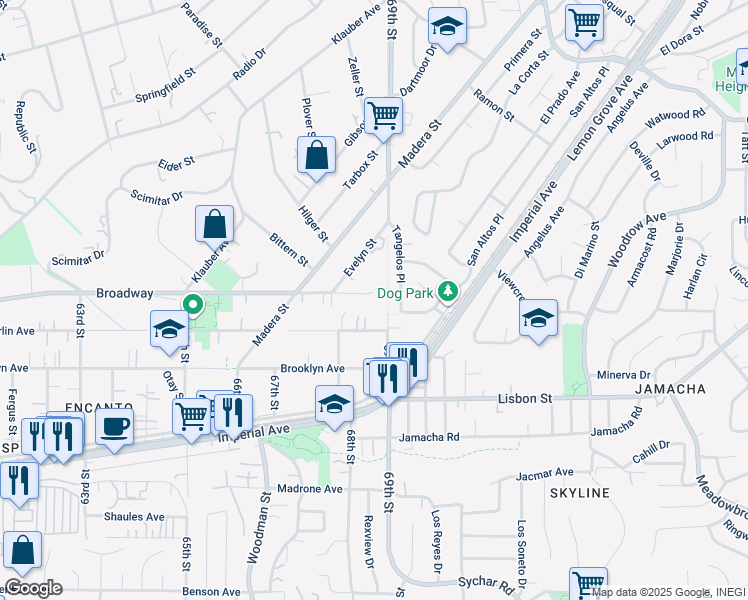 map of restaurants, bars, coffee shops, grocery stores, and more near 6859 Broadway in San Diego