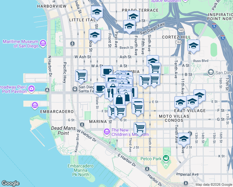 map of restaurants, bars, coffee shops, grocery stores, and more near 123 West Broadway in San Diego