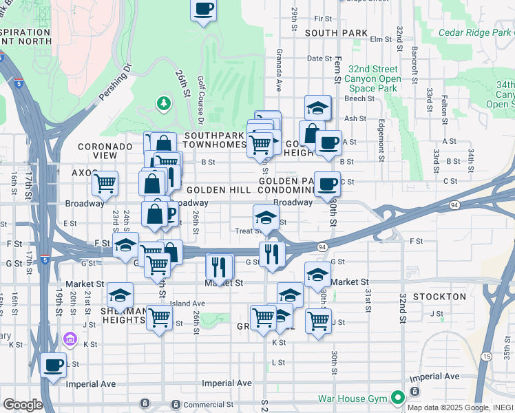 map of restaurants, bars, coffee shops, grocery stores, and more near 2743 E Street in San Diego