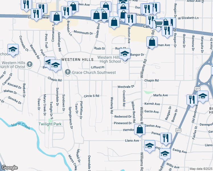 map of restaurants, bars, coffee shops, grocery stores, and more near 3820 Westerly Road in Benbrook