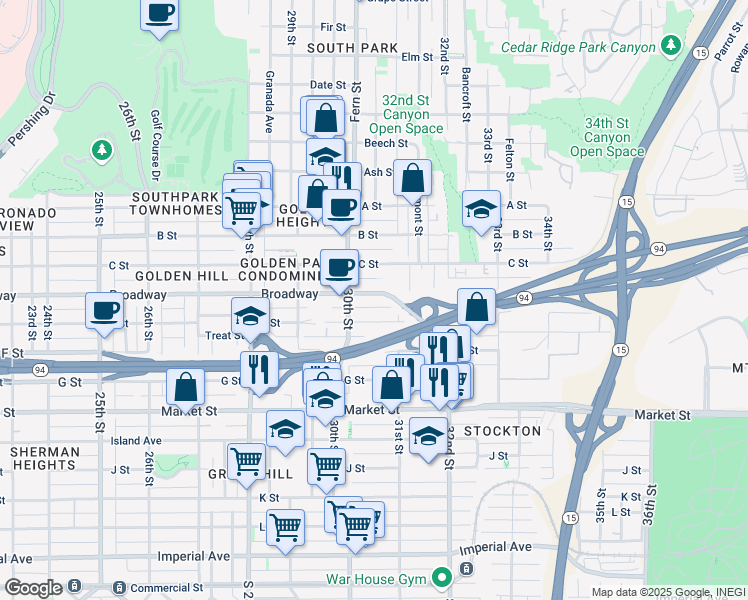 map of restaurants, bars, coffee shops, grocery stores, and more near 3024 E Street in San Diego