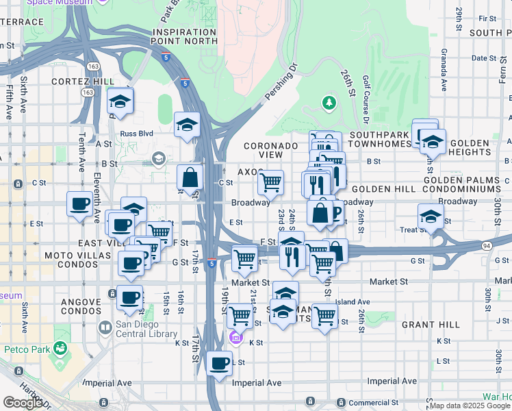 map of restaurants, bars, coffee shops, grocery stores, and more near 920 22nd Street in San Diego