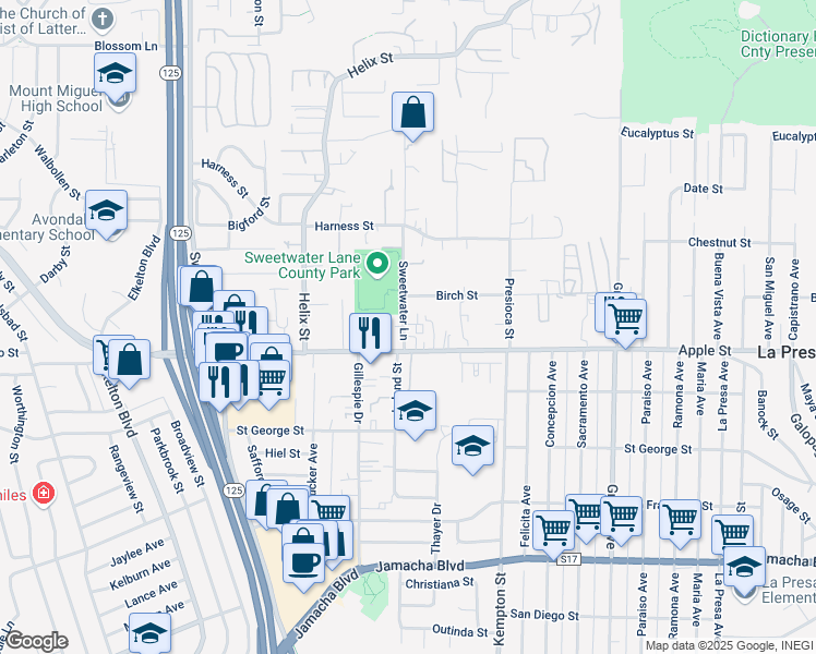 map of restaurants, bars, coffee shops, grocery stores, and more near 1133 Sweetwater Lane in Spring Valley