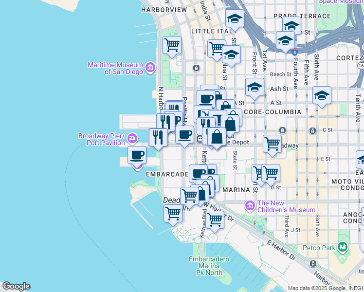 map of restaurants, bars, coffee shops, grocery stores, and more near 901 Broadway in San Diego