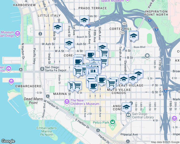 map of restaurants, bars, coffee shops, grocery stores, and more near 901 4th Avenue in San Diego