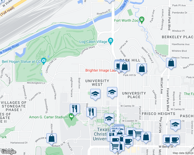 map of restaurants, bars, coffee shops, grocery stores, and more near 2517 Shirley Avenue in Fort Worth