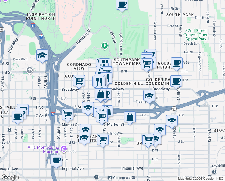 map of restaurants, bars, coffee shops, grocery stores, and more near 2532 E Street in San Diego