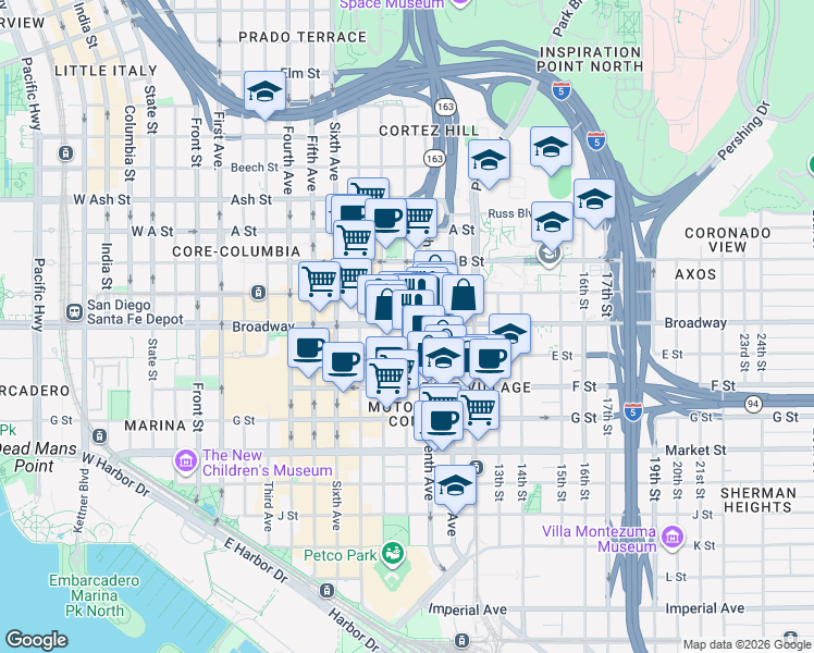 map of restaurants, bars, coffee shops, grocery stores, and more near 901 Broadway in San Diego