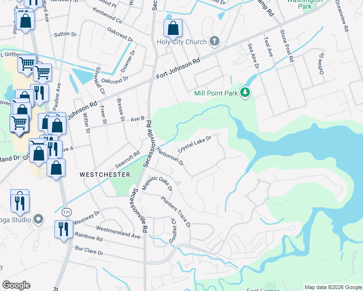 map of restaurants, bars, coffee shops, grocery stores, and more near 1715 Crystal Lake Drive in Charleston