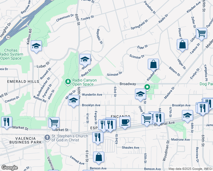 map of restaurants, bars, coffee shops, grocery stores, and more near 6205 Broadway in San Diego