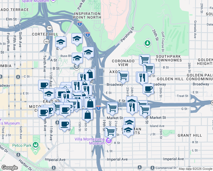 map of restaurants, bars, coffee shops, grocery stores, and more near 1920 E Street in San Diego