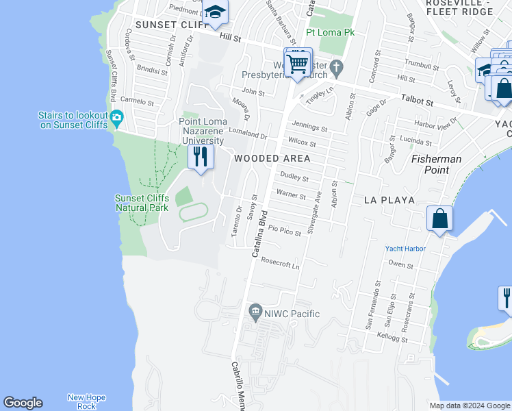 map of restaurants, bars, coffee shops, grocery stores, and more near 569 Savoy Street in San Diego