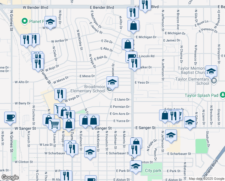 map of restaurants, bars, coffee shops, grocery stores, and more near 1500 North Houston Street in Hobbs