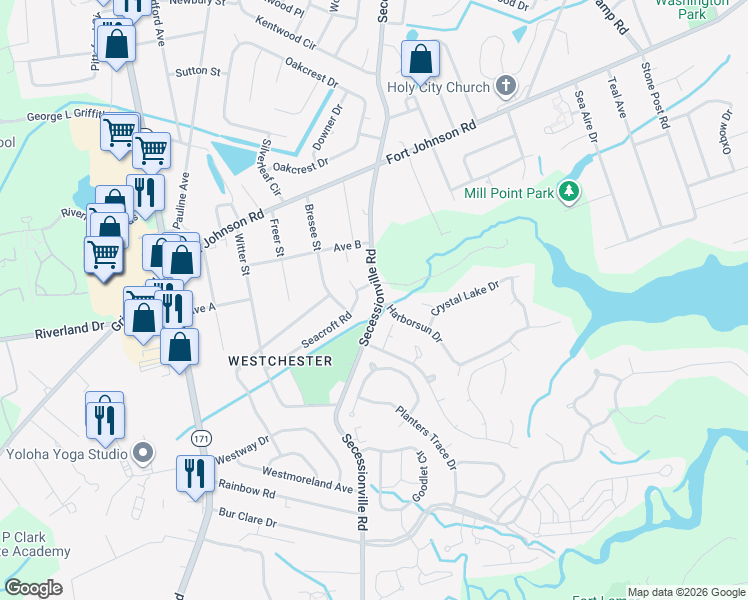 map of restaurants, bars, coffee shops, grocery stores, and more near 1395 Secessionville Road in Charleston