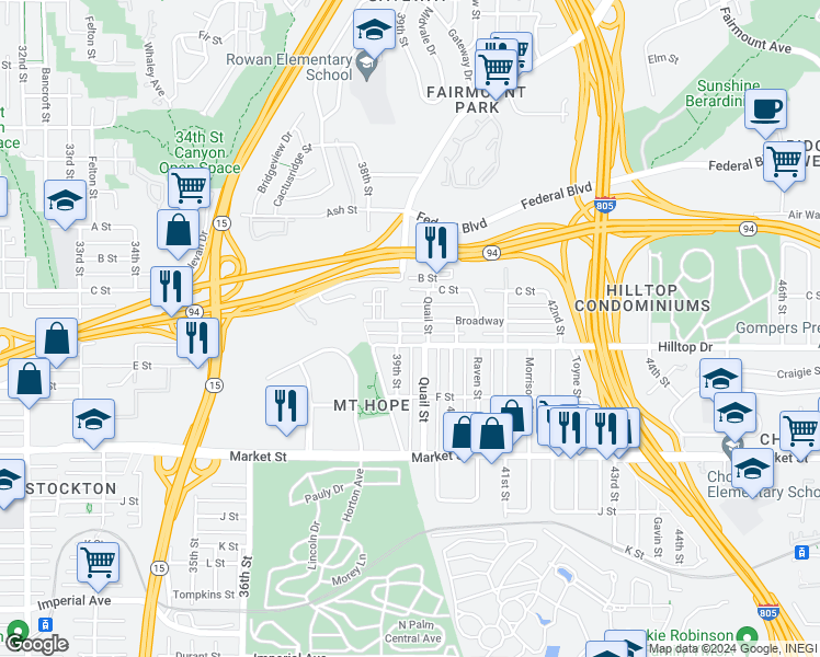 map of restaurants, bars, coffee shops, grocery stores, and more near 3919 Broadway in San Diego