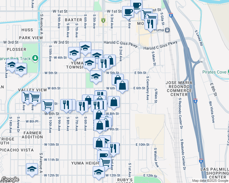 map of restaurants, bars, coffee shops, grocery stores, and more near 656 South 2nd Avenue in Yuma