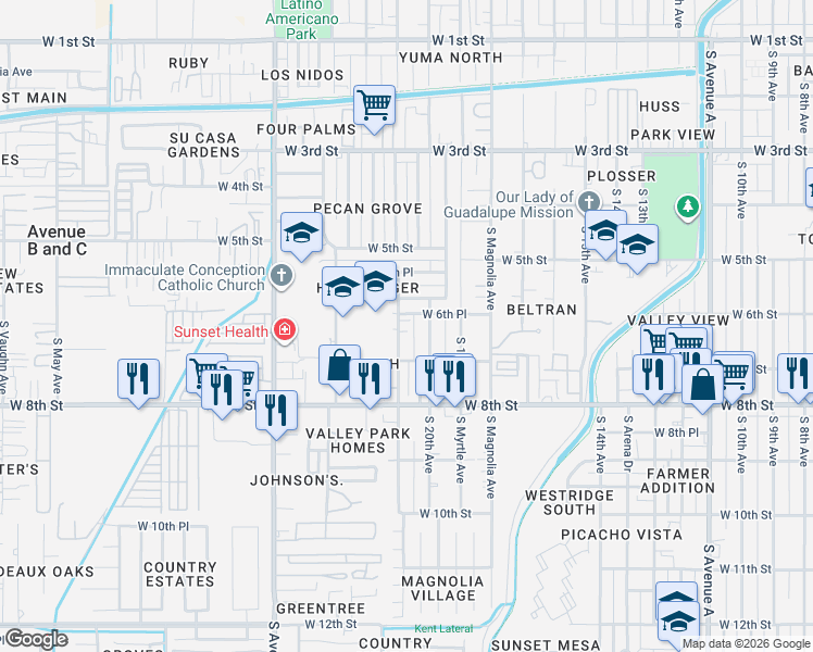 map of restaurants, bars, coffee shops, grocery stores, and more near 687 South 21st Avenue in Yuma