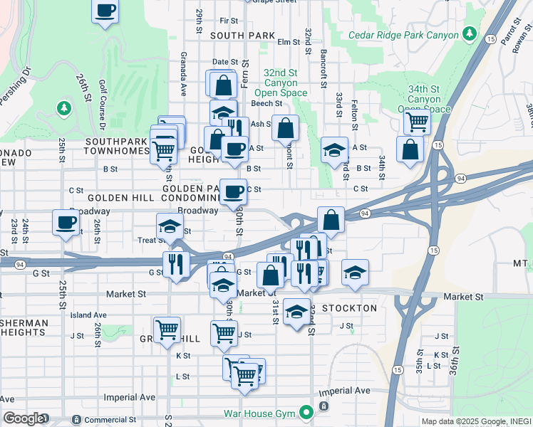 map of restaurants, bars, coffee shops, grocery stores, and more near 3090 E Street in San Diego
