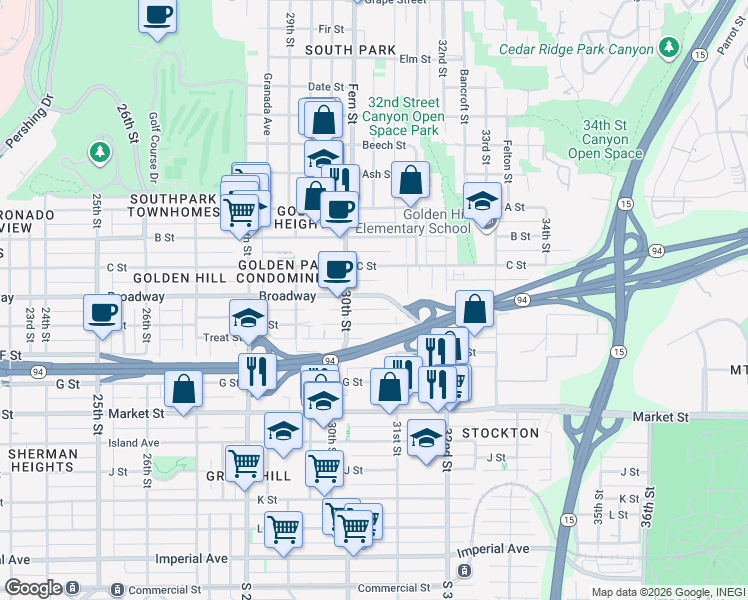 map of restaurants, bars, coffee shops, grocery stores, and more near 3024 E Street in San Diego