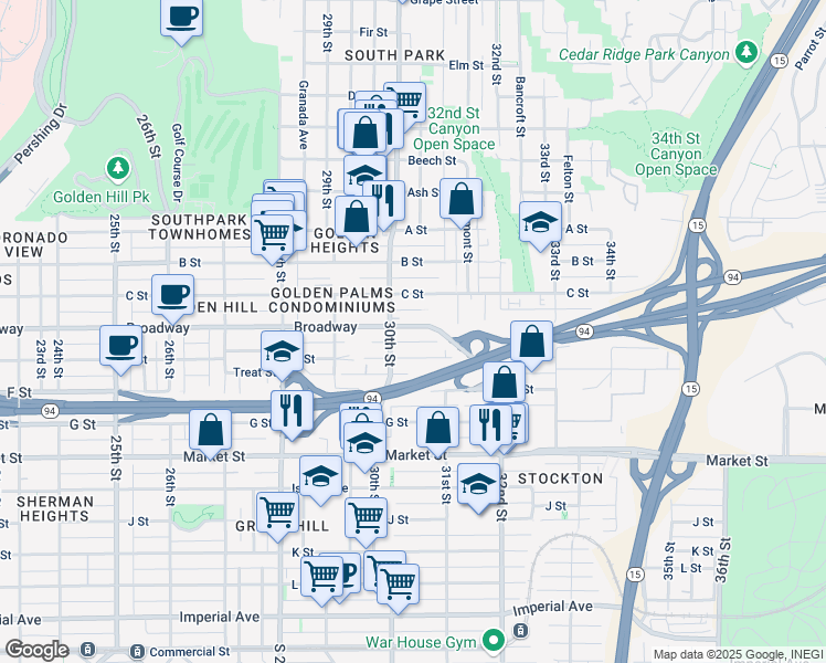 map of restaurants, bars, coffee shops, grocery stores, and more near 3024 E Street in San Diego