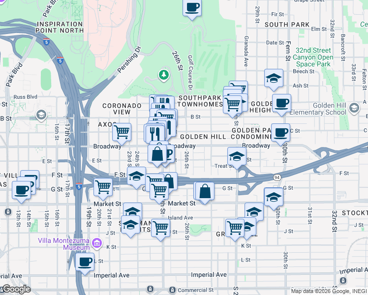 map of restaurants, bars, coffee shops, grocery stores, and more near 903 26th Street in San Diego