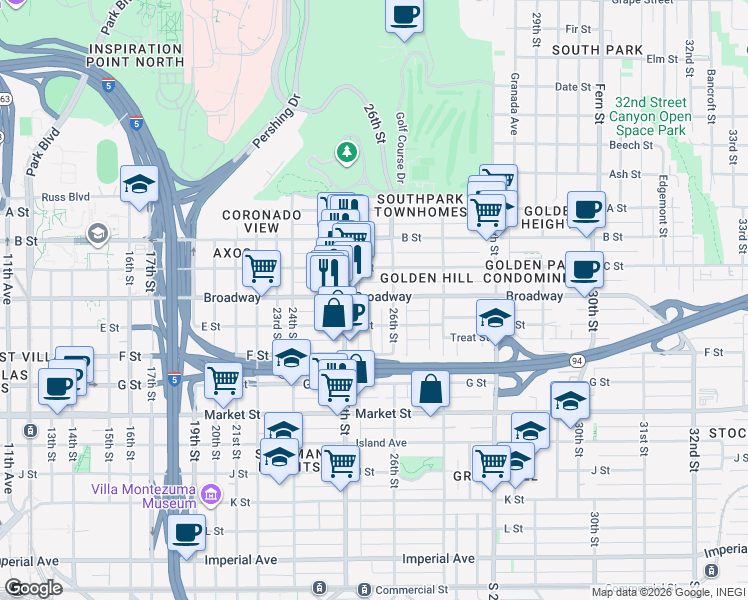map of restaurants, bars, coffee shops, grocery stores, and more near 2532 E Street in San Diego