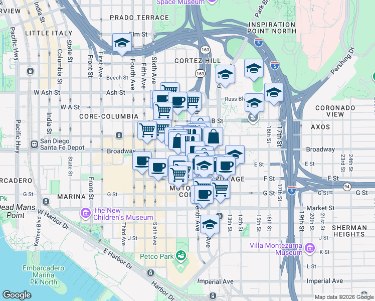 map of restaurants, bars, coffee shops, grocery stores, and more near 947 E Street in San Diego