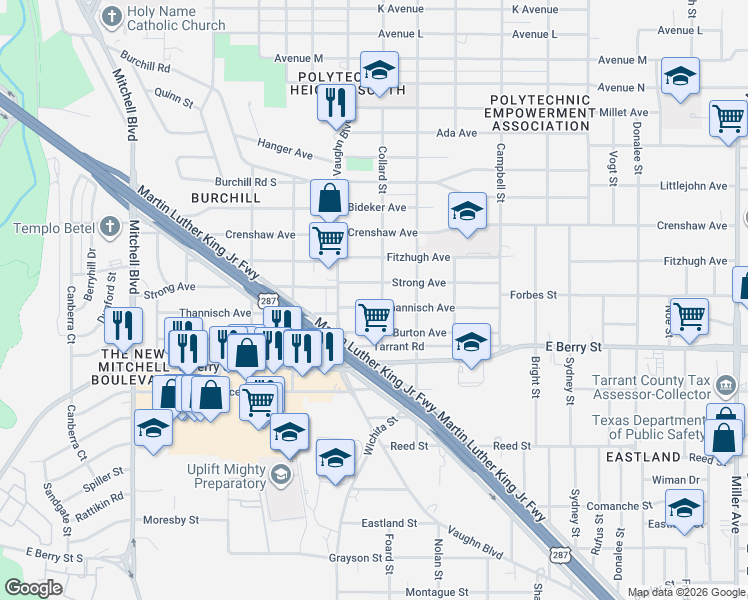 map of restaurants, bars, coffee shops, grocery stores, and more near 3304 Thannisch Avenue in Fort Worth