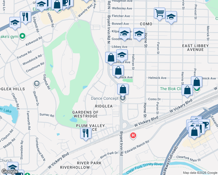 map of restaurants, bars, coffee shops, grocery stores, and more near 4800 Bryant Irvin Court in Fort Worth