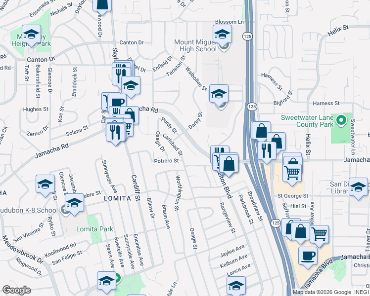 map of restaurants, bars, coffee shops, grocery stores, and more near 1138 Purdy Street in Spring Valley