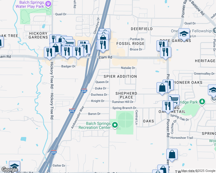 map of restaurants, bars, coffee shops, grocery stores, and more near 12227 Duchess Drive in Balch Springs
