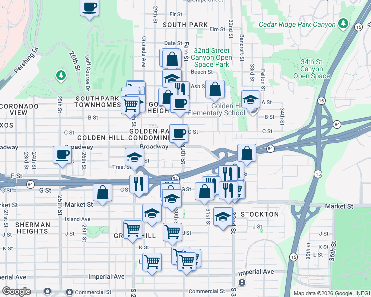 map of restaurants, bars, coffee shops, grocery stores, and more near 1003 30th Street in San Diego