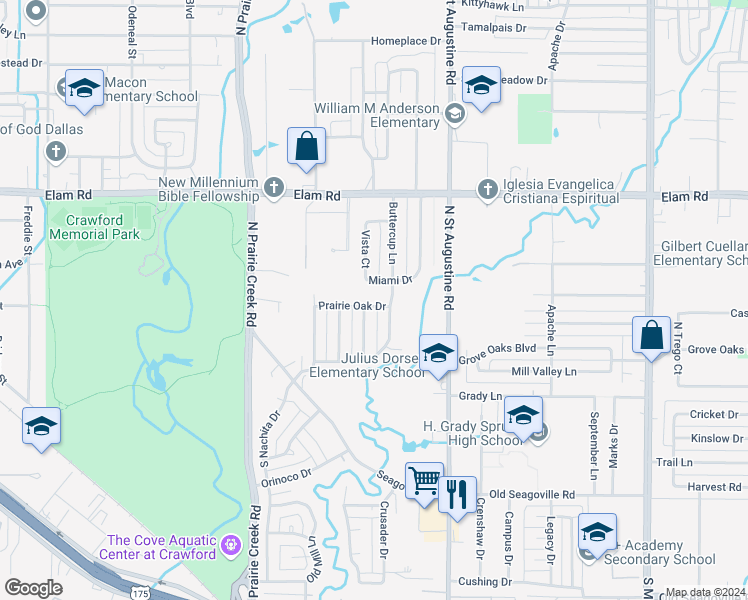map of restaurants, bars, coffee shops, grocery stores, and more near 9327 Prairie Oak Drive in Dallas