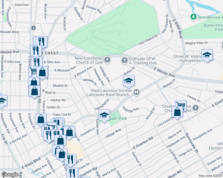 map of restaurants, bars, coffee shops, grocery stores, and more near 2751 Kellogg Avenue in Dallas