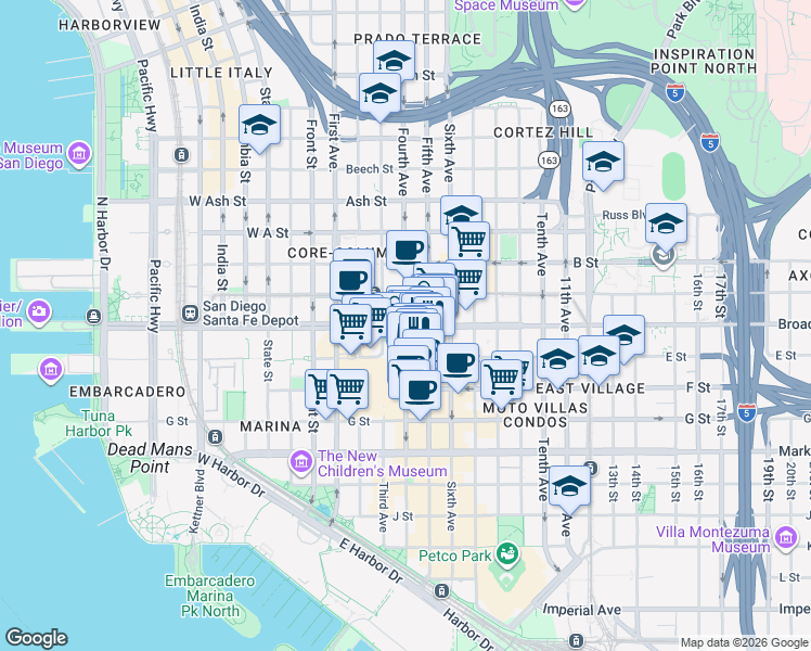 map of restaurants, bars, coffee shops, grocery stores, and more near in San Diego