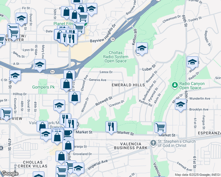 map of restaurants, bars, coffee shops, grocery stores, and more near 962 Hanover Street in San Diego