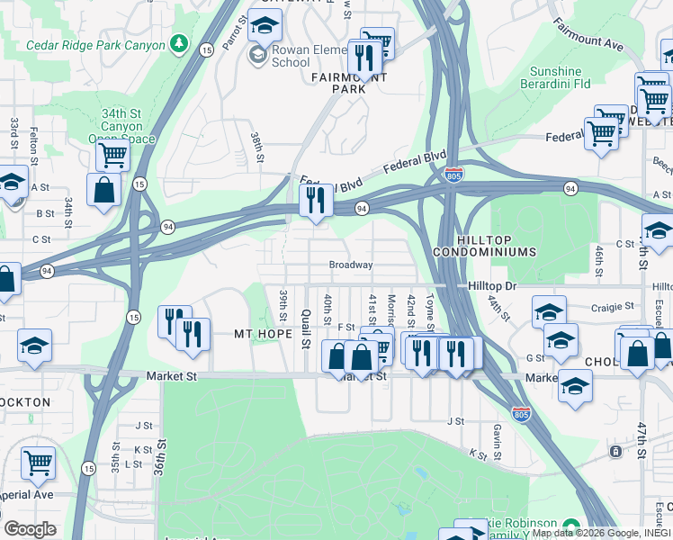map of restaurants, bars, coffee shops, grocery stores, and more near 880 Raven Street in San Diego