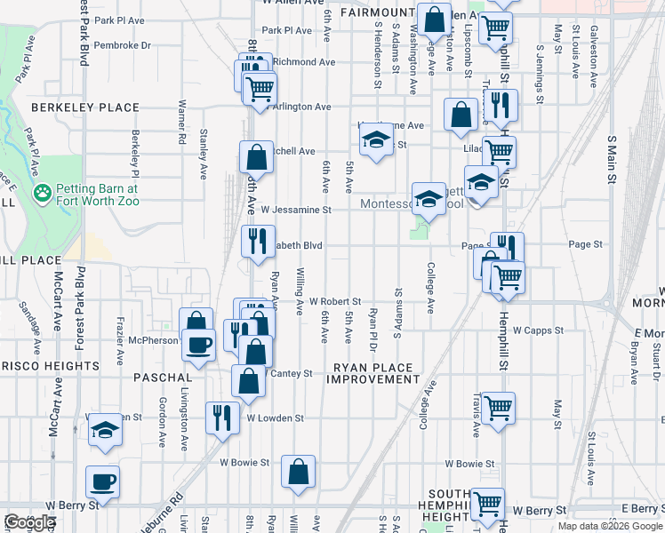 map of restaurants, bars, coffee shops, grocery stores, and more near 2518 5th Avenue in Fort Worth