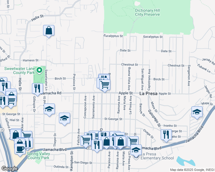 map of restaurants, bars, coffee shops, grocery stores, and more near 1121 Grand Avenue in Spring Valley