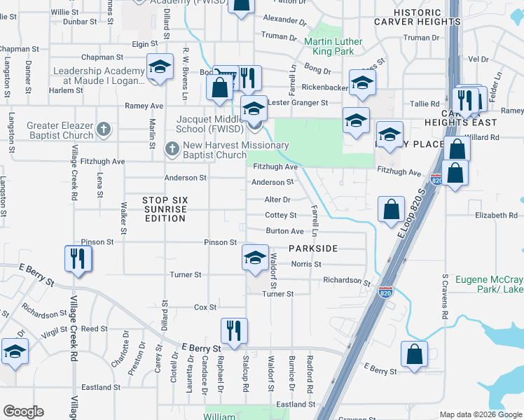 map of restaurants, bars, coffee shops, grocery stores, and more near 5505 Alter Drive in Fort Worth